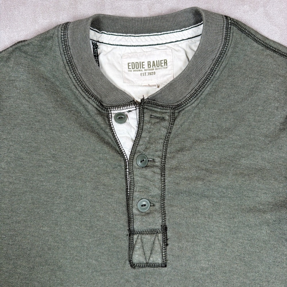Eddie Bauer Heavyweight Henley Shirt Men's Large Green Long Sleeve Cotton - Picture 3 of 14
